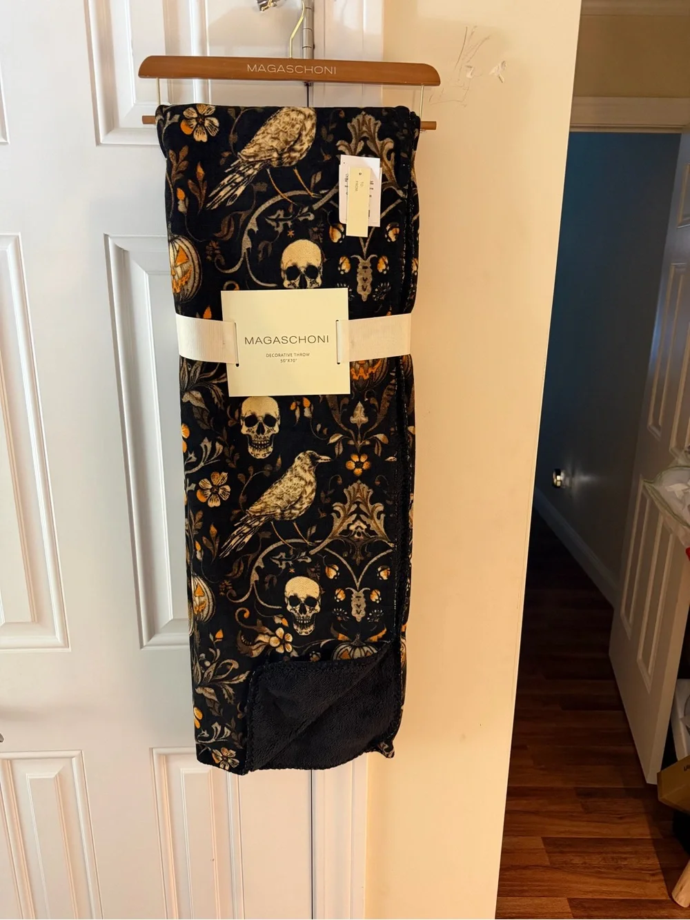 Magaschoni Black Throw with Gold Accents, Raven & Skull Motif